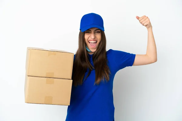 Delivery Caucasian Woman Isolated White Background Doing Strong Gesture — Foto de Stock