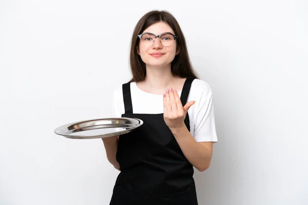 Young Russian Woman Chef Tray Isolated White Background Inviting Come — Stockfoto