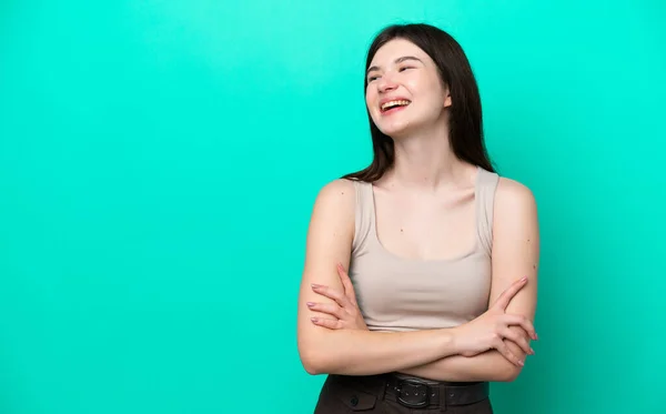 Young Russian Woman Isolated Green Background Happy Smiling — Foto de Stock