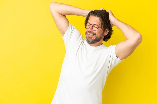 Senior Dutch Man Isolated Yellow Background Laughing — Stock Photo, Image