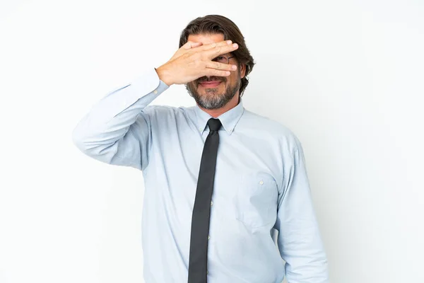Senior Dutch Business Man Isolated White Background Covering Eyes Hands — 图库照片