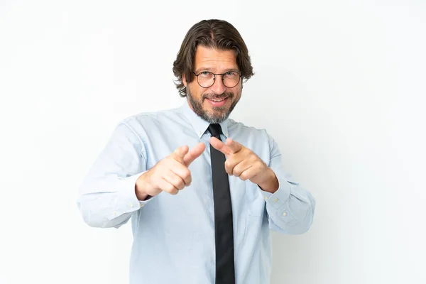 Senior Dutch Business Man Isolated White Background Pointing Front Smiling — Stock fotografie