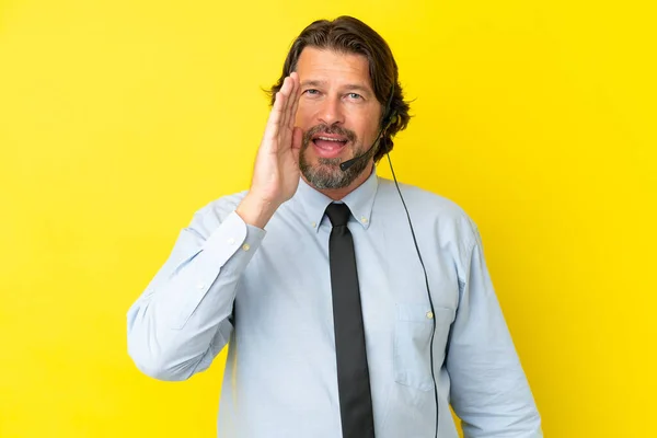 Telemarketer Dutch Man Working Headset Isolated Yellow Background Shouting Mouth — стокове фото