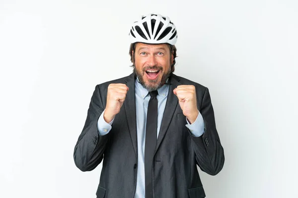 Business Senior Man Bike Helmet Isolated White Background Celebrating Victory — ストック写真