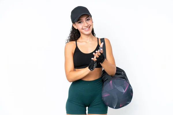 Young Sport Woman Sport Bag Isolated White Background Applauding Presentation — Foto de Stock