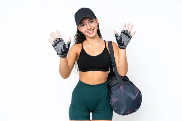 Young Sport Woman Sport Bag Isolated White Background Counting Ten —  Fotos de Stock