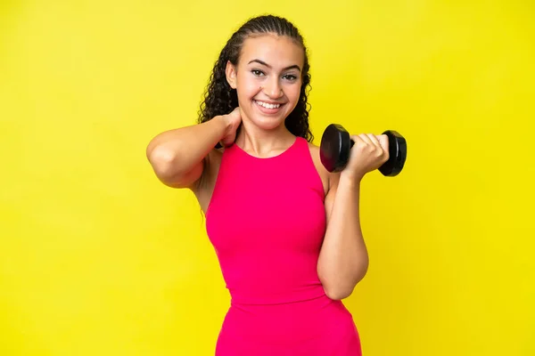 Young Sport Woman Making Weightlifting Isolated Yellow Background Laughing — Foto Stock