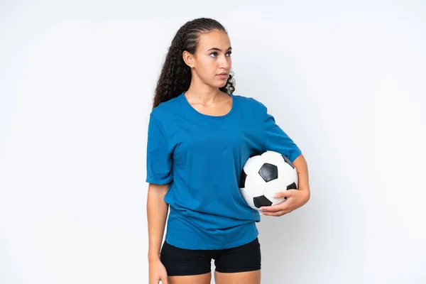 Young Woman Isolated White Background Soccer Ball — Φωτογραφία Αρχείου