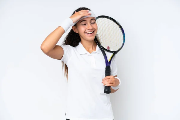 Young Tennis Player Woman Isolated White Background Smiling Lot — Stockfoto
