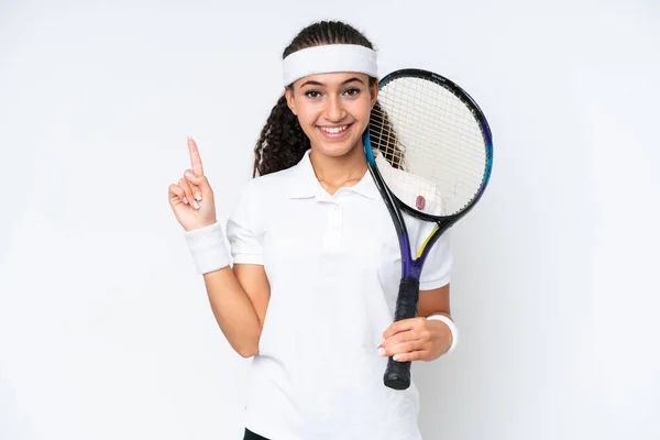 Young Tennis Player Woman Isolated White Background Showing Lifting Finger — ストック写真