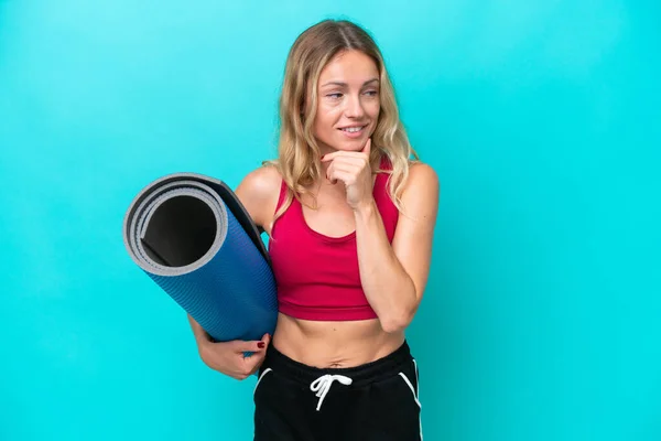 Young Sport Russian Woman Going Yoga Classes While Holding Mat —  Fotos de Stock