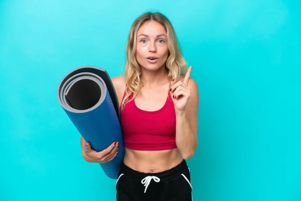 Young Sport Russian Woman Going Yoga Classes While Holding Mat — Stock Photo, Image