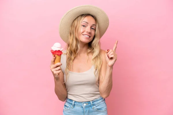 Young Russian Woman Holding Ice Cream Isolated Pink Background Showing — 스톡 사진