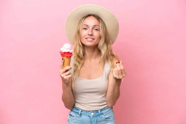 Young Russian Woman Holding Ice Cream Isolated Pink Background Making — 스톡 사진