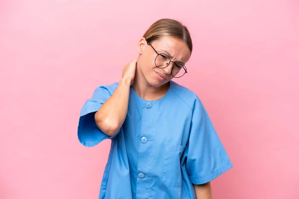 Young Nurse Doctor Woman Isolated Pink Background Neckache — Stock Photo, Image