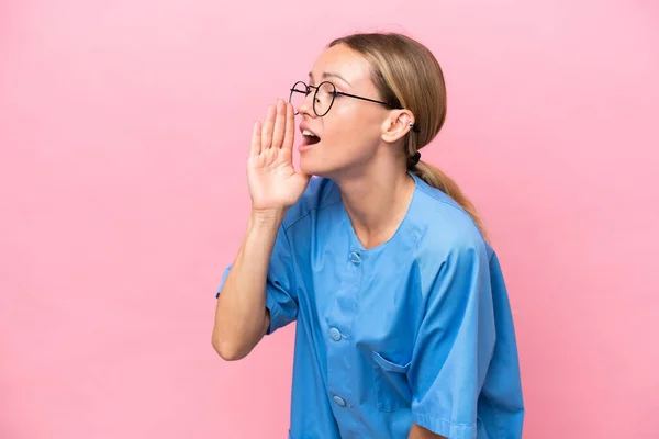 Young Nurse Doctor Woman Isolated Pink Background Shouting Mouth Wide — 图库照片