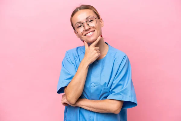 Young Nurse Doctor Woman Isolated Pink Background Smiling — Stock Photo, Image