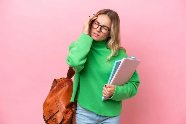 Young Student Woman Isolated Pink Background Headache — Stock Photo, Image