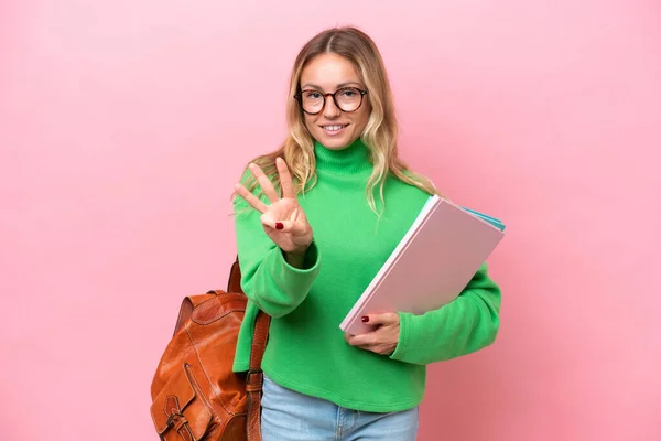 Jong Student Vrouw Geïsoleerd Roze Achtergrond Gelukkig Tellen Drie Met — Stockfoto