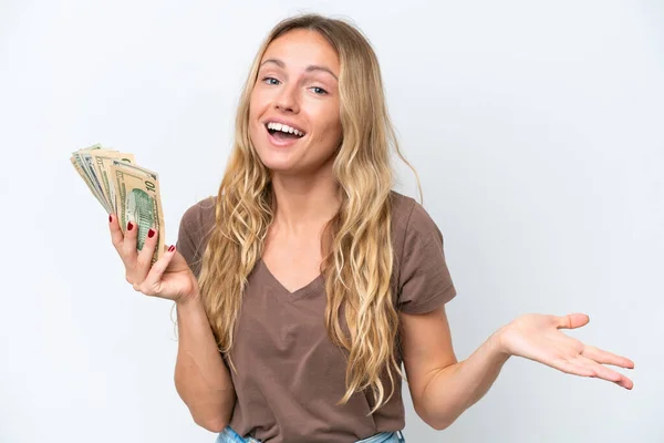 Young Russian Woman Taking Lot Money Isolated White Background Shocked — Stock Fotó