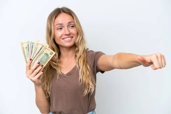 Mladý Ruský Žena Taking Lot Money Isolated White Background Giving — Stock fotografie