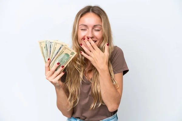 Young Russian Woman Taking Lot Money Isolated White Background Happy — 图库照片