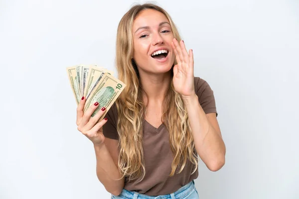 Young Russian Woman Taking Lot Money Isolated White Background Shouting — 图库照片