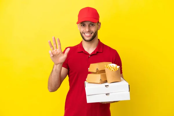 Pizza Delivery Man Picking Pizza Boxes Burgers Isolated Background Happy — Foto de Stock