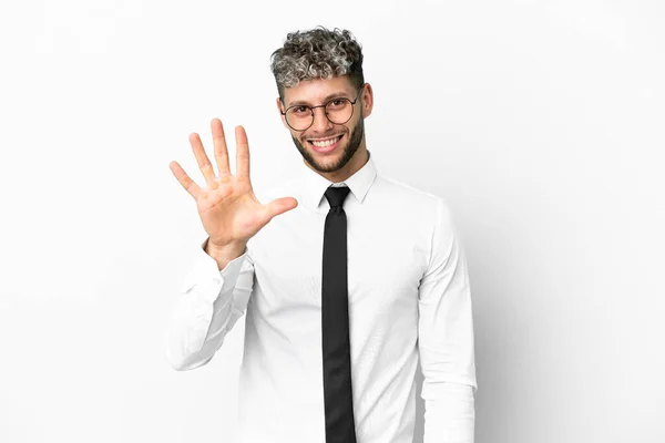 Business Caucasian Man Isolated White Background Counting Five Fingers — Stockfoto