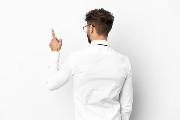 Business Caucasian Man Isolated White Background Pointing Back Index Finger — Stockfoto