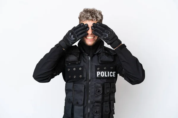 Swat Caucasian Man Isolated White Background Covering Eyes Hands — Stock Photo, Image