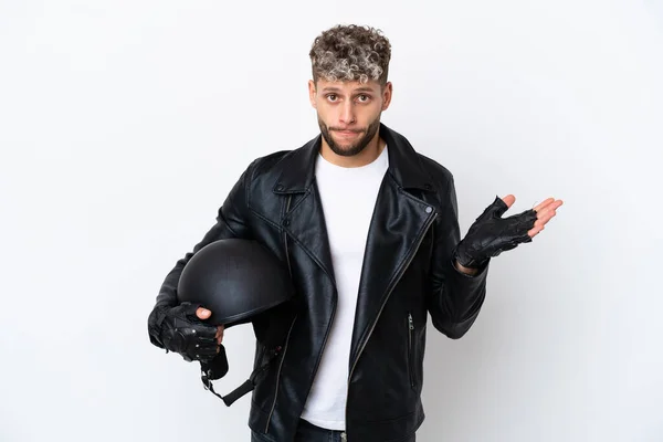 Young Man Motorcycle Helmet Isolated White Background Having Doubts While — Foto Stock