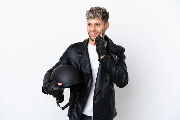 Young Man Motorcycle Helmet Isolated White Background Thinking Idea While — Foto Stock