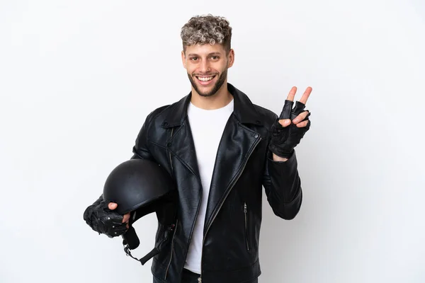 Giovane Uomo Con Casco Moto Isolato Sfondo Bianco Sorridente Mostrando — Foto Stock