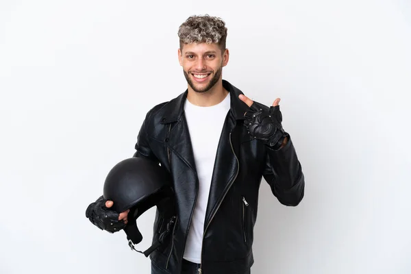 Young Man Motorcycle Helmet Isolated White Background Giving Thumbs Gesture — Φωτογραφία Αρχείου