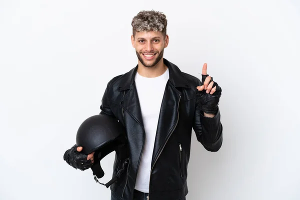 Young Man Motorcycle Helmet Isolated White Background Showing Lifting Finger — Φωτογραφία Αρχείου