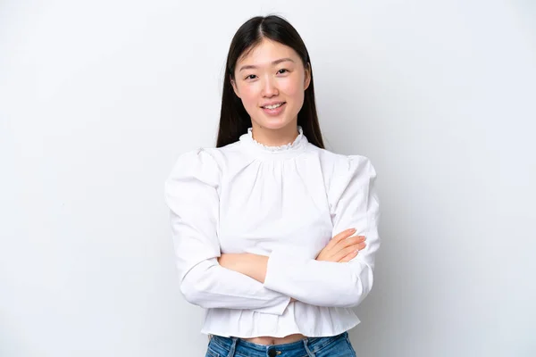 Young Chinese Woman Isolated White Background Keeping Arms Crossed Frontal — Φωτογραφία Αρχείου