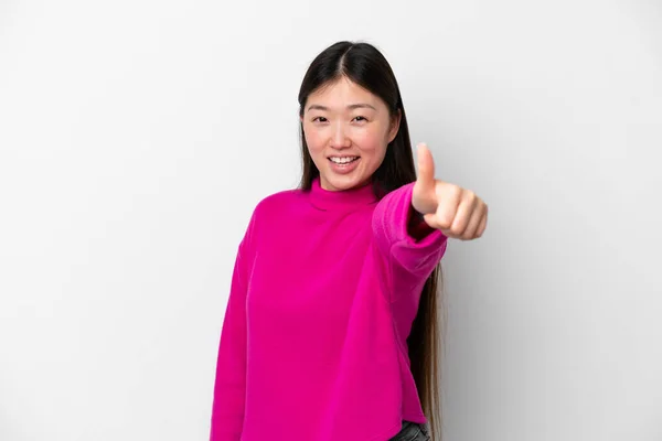 Young Chinese Woman Isolated White Background Thumbs Because Something Good — Stockfoto