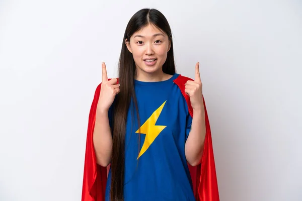 Super Hero Chinese Woman Isolated White Background Pointing Great Idea — Stock fotografie