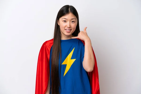 Super Hero Chinese Woman Isolated White Background Making Phone Gesture — 图库照片