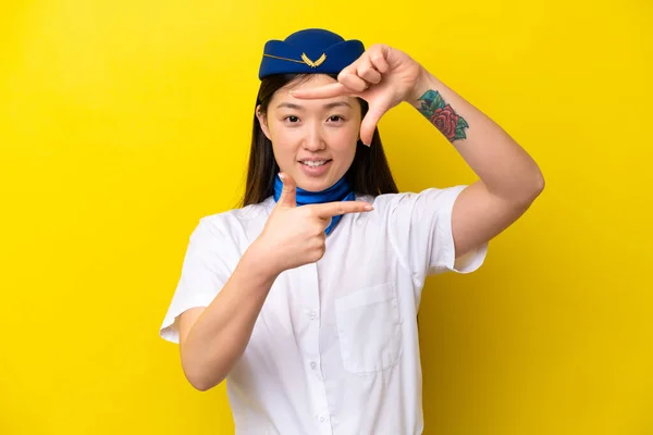 Airplane Chinese Woman Stewardess Isolated Yellow Background Focusing Face Framing — Foto Stock