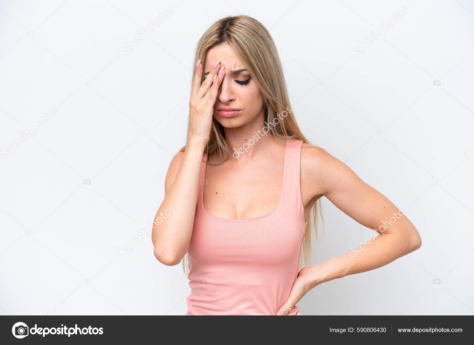 Pretty Blonde Woman Isolated White Background Headache Стоковое.