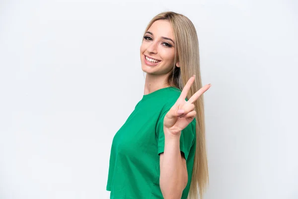 Pretty Blonde Woman Isolated White Background Smiling Showing Victory Sign — Foto de Stock