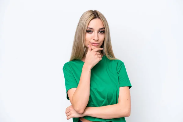 Pretty Blonde Woman Isolated White Background Thinking — 스톡 사진