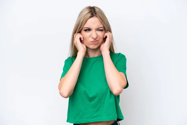 Pretty Blonde Woman Isolated White Background Frustrated Covering Ears — Photo