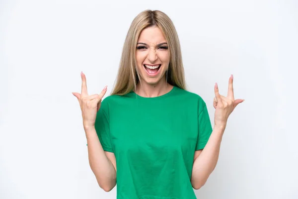 Pretty Blonde Woman Isolated White Background Making Horn Gesture — Stock fotografie