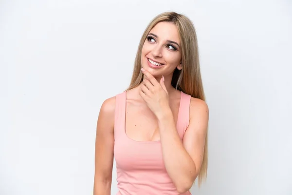 Pretty Blonde Woman Isolated White Background Looking While Smiling — Photo