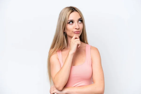Pretty Blonde Woman Isolated White Background Thinking Idea While Looking — Foto de Stock
