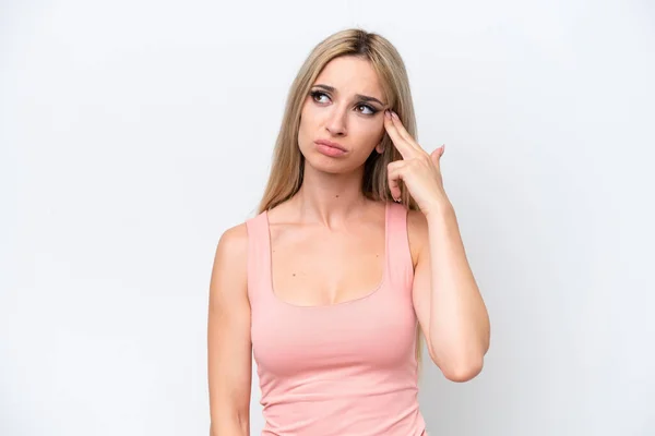 Pretty Blonde Woman Isolated White Background Problems Making Suicide Gesture — Φωτογραφία Αρχείου