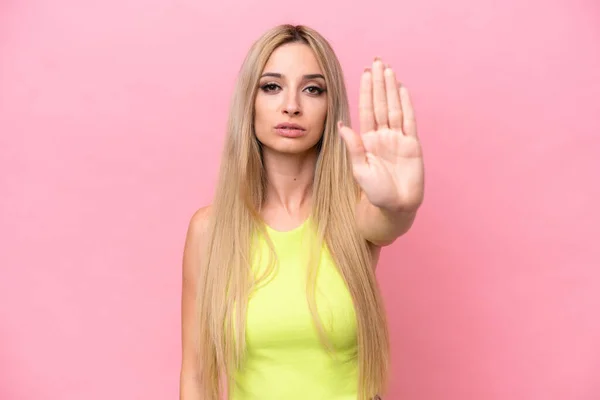 Pretty Blonde Woman Isolated Pink Background Making Stop Gesture — 스톡 사진